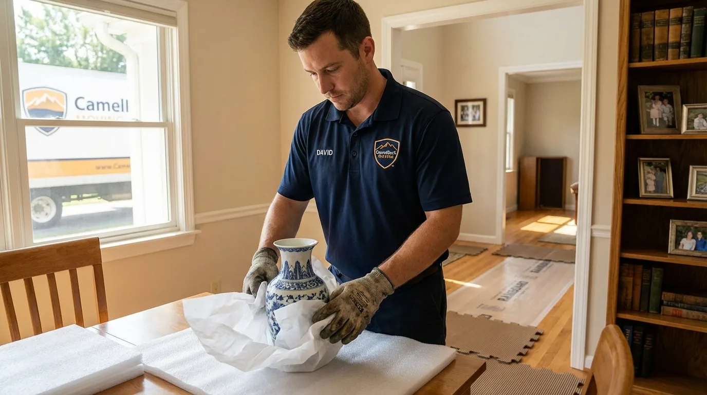 Professional crew carefully wrapping antique vase for senior downsizing move in Lookout Mountain, GA